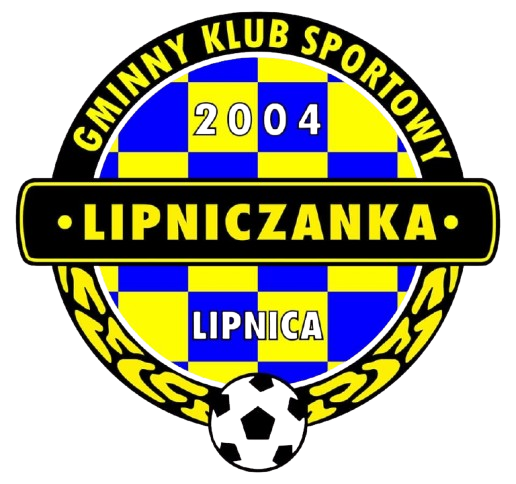 Okrągłe logo klubu sportowego ze wzorem w niebiesko-żółtą kratkę, pogrubiony tekst „LIPNICZANKA” oraz „2004”, „LIPNICA” i „GMINNY KLUB SPORTOWY” wokół obramowania.