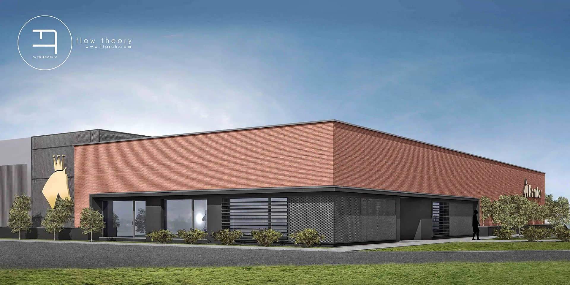 Nowoczesny, parterowy budynek komercyjny z elewacją z cegły i ciemnych paneli, dużymi oknami i minimalistyczną architekturą krajobrazu pod zachmurzonym niebem.