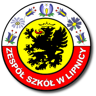 Okrągły emblemat z czarnym orłem na żółtym tle i napisem „ZESPÓŁ SZKÓŁ W LIPNICY” w kolorze białym na czerwonej obwódce, ozdobiony u góry wzorami kwiatowymi.